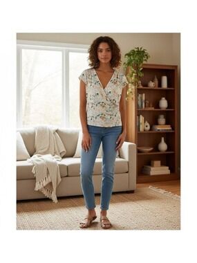RW&Co. Floral wrap short sleeve blouse size XL